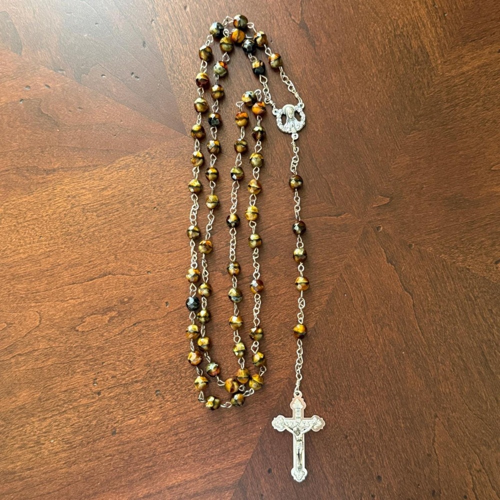 Tigers Eye Rosary 5 Decade 59 Faceted Beads 28" Long Made in Italy Silver Medals